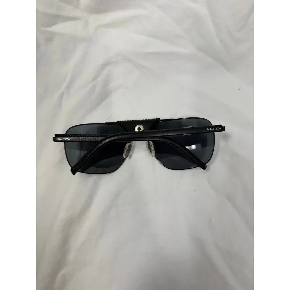 Nautica Black Metal Aviator Explorer Sunglass Polarized Leather Arms GS